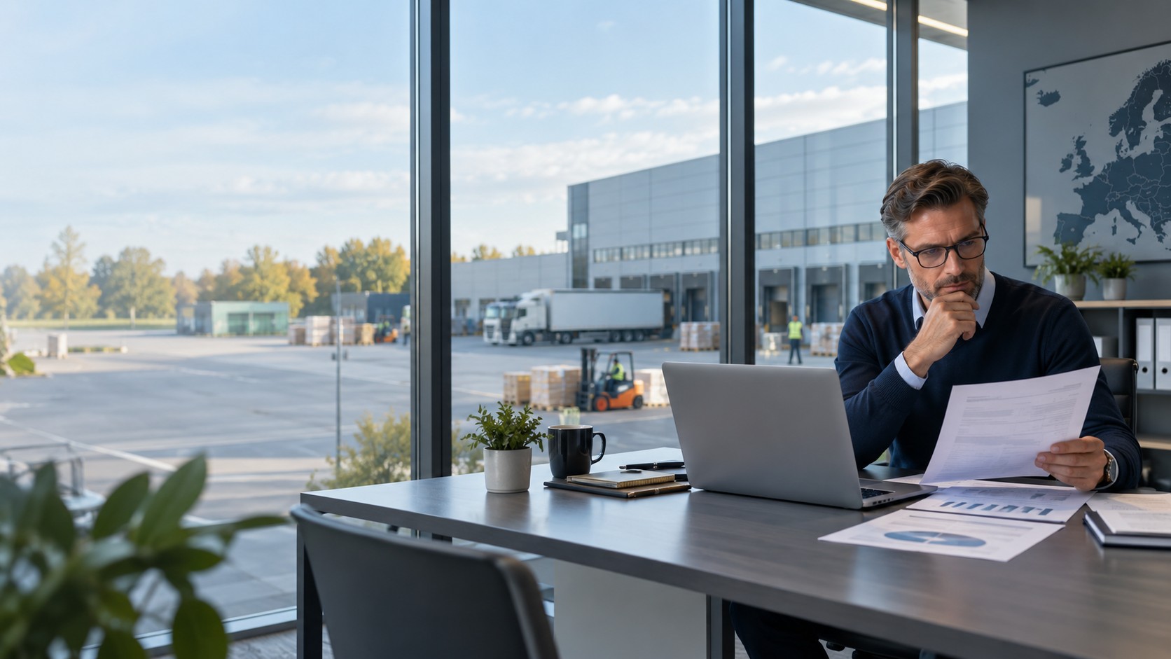 Procurement professional reviewing supplier information in a logistics environment